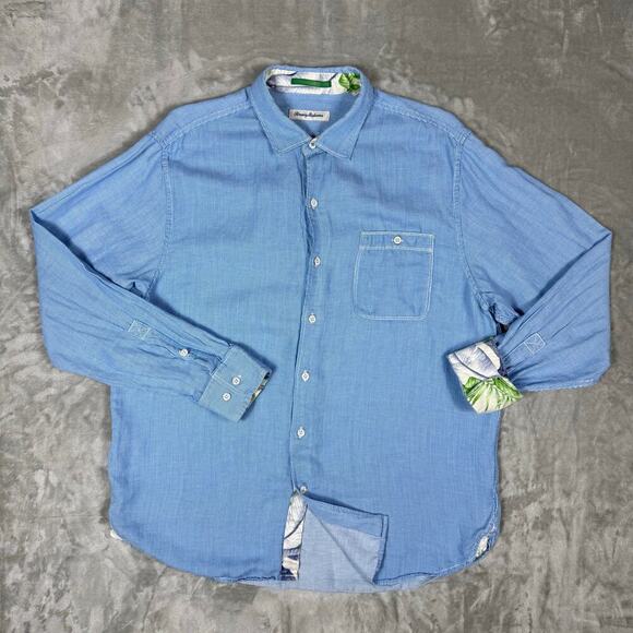 Tommy Bahama LS Button up Shirt Mens Large Blue Linen Blend Floral Flip Cuff EUC - Picture 1 of 11